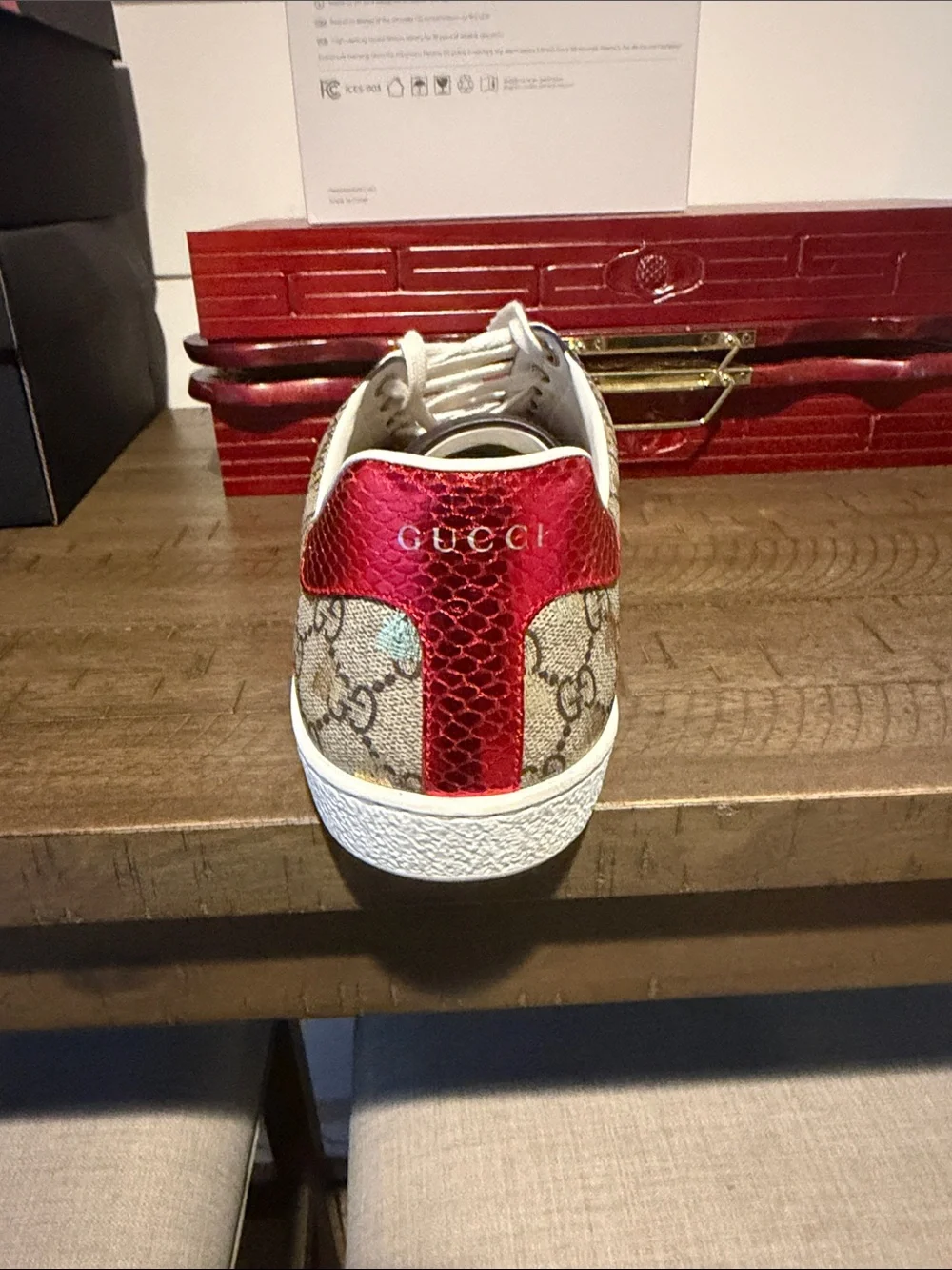 Gucci Beige Monogram Sneaker with Red/Green Web Stripe